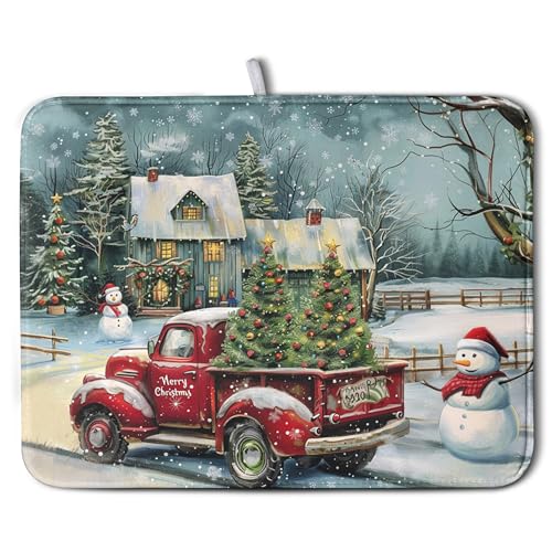 Christmas Red Truck Xmas Tree Snowman Dish Drying Mat for Kitchen Counter 18x24 Inch Winter Snowflake Vintage Absorbent Dish Pad Farmhouse Microfiber Dish Drainer Mats Christmas Kitchen Accessories - color: Christmas Dish Drying Mats-B, size: 18" x 24"