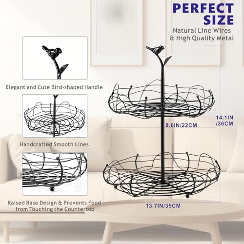2-Tier Fruit Basket with Bird Nest Design - Charming Bird Handle, Multi-Functional Fruit and Vegetable Organizer for Kitchen Counter and Tabletop, Perfect Blend of Style and Practicality