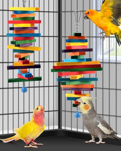 Bissap 2 PCS Bird Chew Toys, Multicolored Bagel Cascade Bird Parrot Chewing Sticks Biting Wooden Blocks Toy for Small Medium Conure Parakeet Cockatiels Lovebird Similar Sized Pet Birds - size: 2 PCS