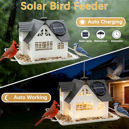 Solar Bird Feeders for Outdoors Hanging, Heavy-Duty All-Metal | House-Shaped Small Birdfeeders with Solar Lights, Charming Garden Decor, Unique Gifts for Bird Lovers, Mom and Grandma(White) - color: White