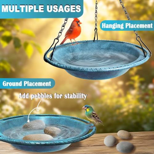 Hanging Bird Bath & Feeder Bowl, 12 in, Antique Blue | Weather-Resistant PP, Backyard Garden Decor - color: Blue
