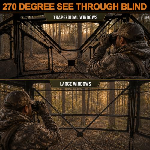 Hunting Blind See Through, Pop Up Ground Deer Blind, Large Door | 270/288/360 Degree See Thru, 1/2/3/4 Person Hunting Camouflage Tent, With/Without floor, Swing/Diamond/Horizontal Door Design - size: 3-4 Person, style: 270°/Horizontal Door