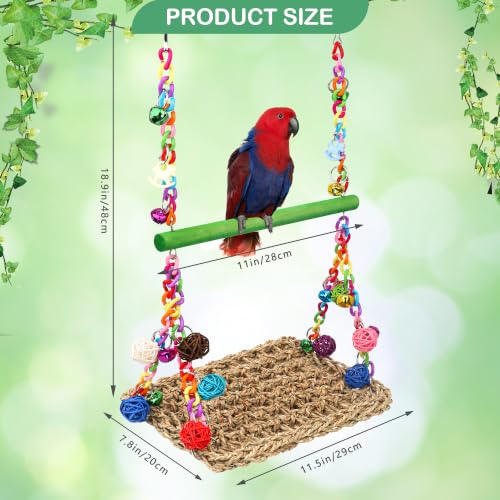 Bird Swing Mat with Wood Perch, AHIER Seagrass Bird Hammock for Conures with Chewing Toy for Parakeets, Budgie, Cockatiel Cage Accessories (Green Pole) - color: Green Pole
