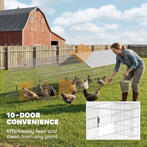 PawHut Metal Chicken Coop, Large Chicken Run with Water-Resistant & Anti-UV Cover for 7-9 Hens, Outdoor Hen House Rabbit Hutch with 10 Doors for Duck, Small Animal, for Backyard, 21' x 3.5' x 3.6' | Large Chicken Run, Water-Resistant, Outdoor Hen House Ra