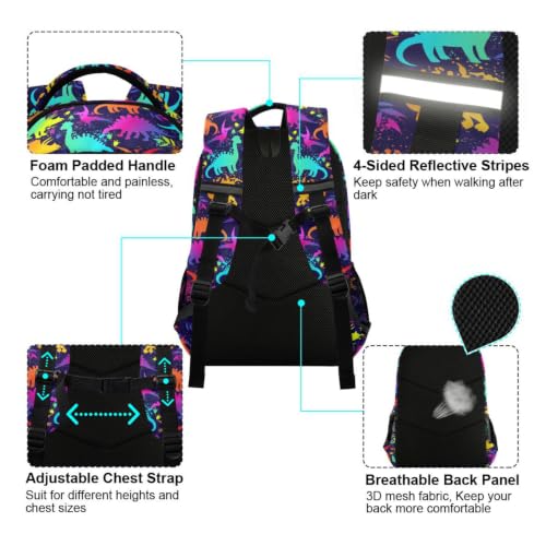 Kids Funny Neon Dinosaurs Backpack for Boys Girls School Bags | Elementary Middle, Travel Daypack Lightweight Waterproof with Reflective Strip - color: Funny Neon Dinosaurs