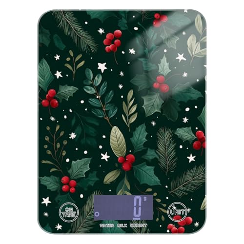 Food Scale Kitchen Scale Food Weight Scales Digital Weight Grams and Ounces Small Electronic Food Scale for Baking Cooking Holly Berries Pine Needles Stars Dark Green - color: Holly Berries Pine Needles Stars Dark Green