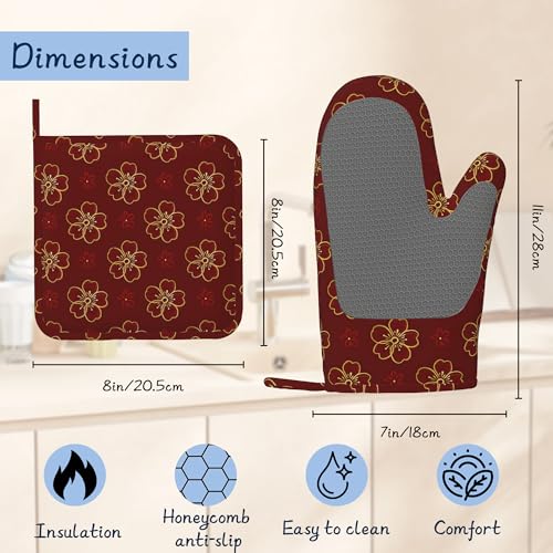 Gold Cherry Blossoms Oven Mitts and Pot Holders Sets,Extra Long Red Flowers Kitchen Mittens for Cooking,Thick Cotton Heat Resistant Silicone Cooking Utensils Set for Baking Cooking Grilling - color: Gold Cherry Blossoms