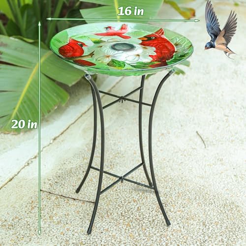 MUMTOP Glass Bird Bath Solar Birdbath with Metal Stand Outdoor Garden Decor | 20" Height 16" Diameter Garden Cardinals Large Glass BirdBaths Bird Feeder Bowl with Solar Light for Lawn Yard Garden Decor - color: Red-Green