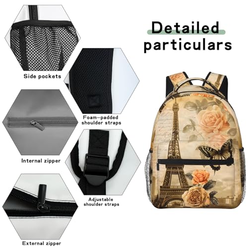 Vintage Paris Casual Backpack, Lightweight Laptop Bag Daypack, Eiffel Tower and Butterfly Backpacks for Women Men Teens Students, Retro Polyester Bookbag Gifts for School Work Travel Hiking - color: Paris