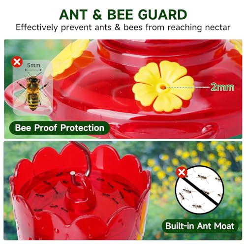 Red Glass Hummingbird Feeder 13 Ounces with Ant Moats & Bee Guards | Hummingbird Feeders for Outdoor Hanging with Wide Mouth for Easy Cleaning, Leak-proof Nectar Feeders, Garden Backyard Décor - color: Red, size: 1 Pack