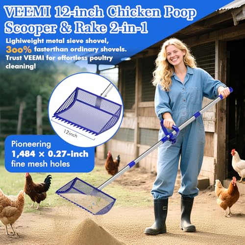 VEEMI Chicken Poop Scooper Rake 2-in-1,304 Stainless Steel Shovel Head, Chicken Litter Scoop with Handle for Chicken Coop for Sand, Pet Waste Cleaning, Litter Sifting Shovel (35 to 65")