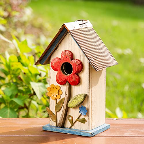Glitzhome 10.25" Hanging Birdhouse for Outside, Distressed White with 3D Flowers - Spring Ready Nesting Box & Christmas Garden Gift Idea