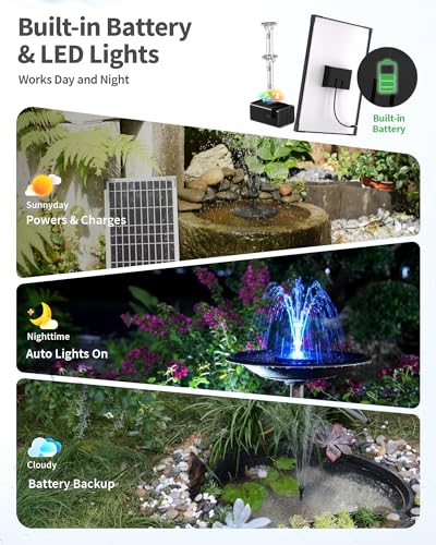 12W Solar Fountain Pump with 4200mAh Battery Backup, LED Colorful Lights & Remote Control, Solar Pond Pump for Bird Bath, Fish Tank, Outdoor Garden Water Features P112DL - size: 12W Fountain with LED Light