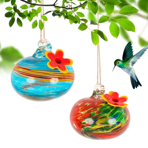 2 Pcs Blown Glass Hummingbird Feeder for Outdoors Hanging | Ant & Bee Resistant Window Bird FeederHandmade Garden Decor Gift for Women - Small Round Glass Feeders Bundle - color: Ellipse B2