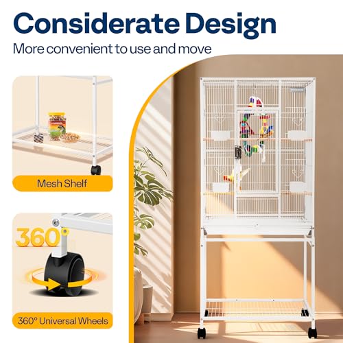 VIVOHOME 54 Inch Wrought Iron Large Bird Cage with Rolling Stand | Bird Flight Cage with Stand, Casters, Slide-out Tray for Parakeets Canaries Parrot Cockatiels Lovebirds Conures, Whtie - color: White