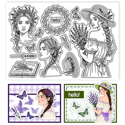 CHGCRAFT Lavender Woman Clear Stamps Female Transparent Stamps Flowers Silicone Clear Stamp Seals for DIY Scrapbooking Photo Album Decoration, 4.3×6.3 inch - style: Lavender Woman