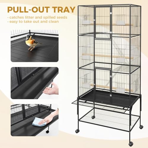 69-Inch Large Bird Cages with Perches, Storage Shelf and Feed Bowls – Rolling Parrot Cage for Cockatiels, Macaws, Parakeets, Conures, Budgies & Finches