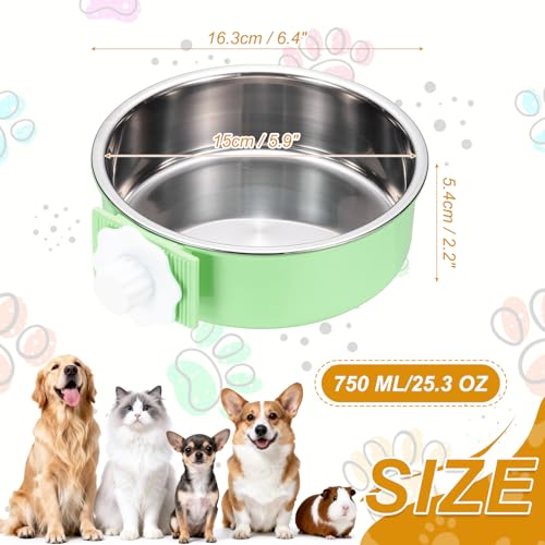 Crate Dog Bowl, Removable Stainless Steel Pet Cage Hanging Anti-Overturn Food Water Feeder Cage Cup (Round, Green, 25.3oz), Intended for Puppies/Cat/Rabbit/Bird - color: Green, size: 6.4"(25.3oz)