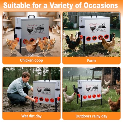 100LB Large Automatic Chicken Feeder–10 Feeding Ports No-Waste Galvanized Metal Chicken Feeder with Adjustable Legs & Locking Lid Poultry Feeder for Chickens,Geese,Ducks,Waterproof