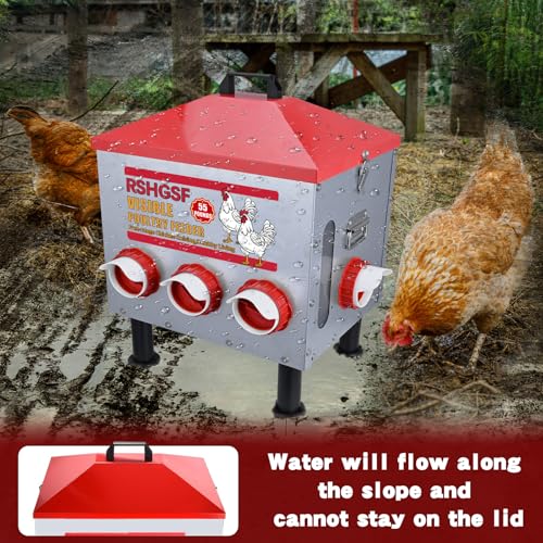 Stainless Steel Automatic Chicken Feeder, 55 lb, 8 Feeding Ports, Waterproof, Rodent Free, Outdoor Metal Poultry Feeder with Adjustable Anti-Slip Feet