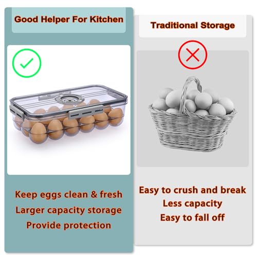 BTSKY Premium Plastic Egg Holder for Fridge - 18 Count Egg Container for Refrigerator, Egg Organizer, Plastic Egg Storage Box with Time Reminer and Lid- Reusable Egg Carton Tray Stackable - size: Small-hold 18 eggs