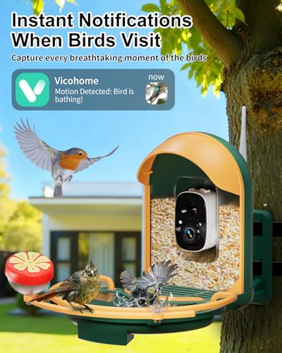 Bird Feeder with Camera, Smart Birdfeeder with Cam Solar Powered, 2K HD Video, AI Identification, Instant Arrival Alerts, IP66 Bird Bath & Feeder,Gift for BirdLover (with BirdBath, Dark Green) - color: Dark Green, style: With BirdBath