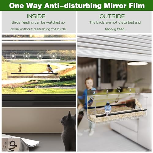 One Way Window Bird Feeder for Outside with 4 Strong Suction Cups, Clear Acrylic Wild Bird House for Cats Viewing, Large Transparent Window Mount Birdfeeder for Bird Lovers Gift
