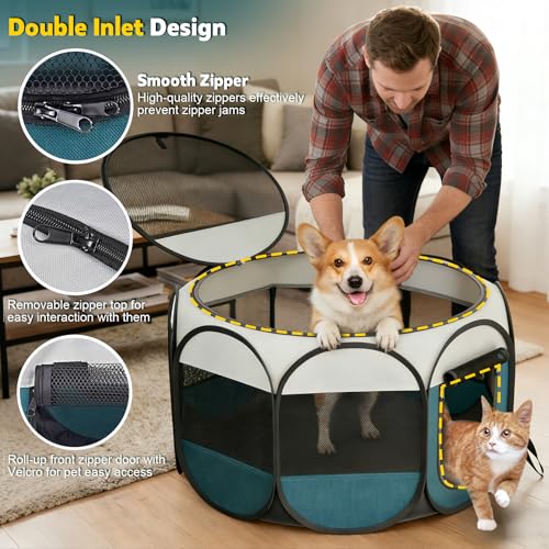 Portable Pet Playpen for Cat Dog: Foldable Cat Playpen Enclosed Pet 10lbs | Small Puppy Kitten Pop Up Collapsible Tent Crates Kennel Carry Bag 600D Oxford Waterproof Base Indoor Outdoor Travel Camping - style: S [28.7" × 28.7" × 16.9"]