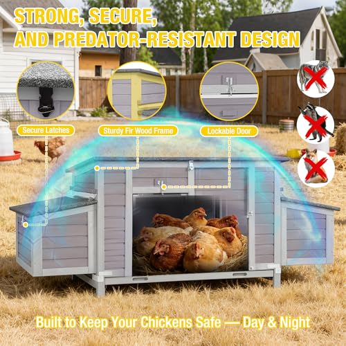 Aivituvin Large Chicken Coop for 4-6 Chickens, Reinforced Outdoor Wooden Hen House with 4 Sectionable Nesting Box, Easy Clean Pull-Out Tray, Waterproof Asphalt Roof - Grey, 67.3"L x 25.4"W x 28.1"H - size: 67.3"L x 25.4"W x 28.1"H
