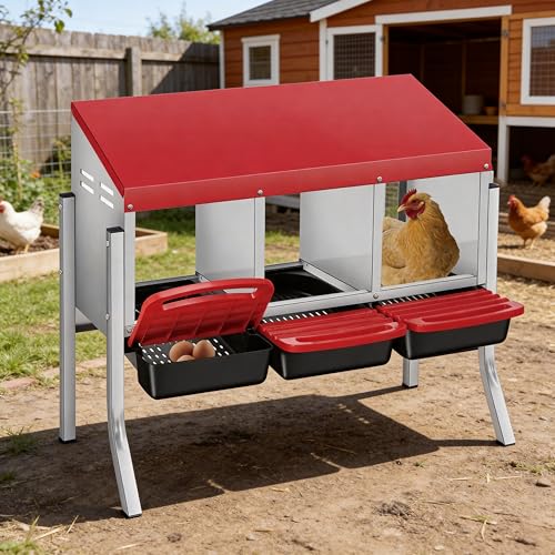 3 Holes Chicken Nesting Boxes for Laying Eggs, Wall-Mounted & Floorstanding Nesting Boxes for Chickens Ducks Geese, for Farm Backyard Chicken Coops, with Metal Leg, Red - color: Red, size: 3 Holes with metal legs