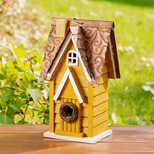 Glitzhome GH90085 Hanging Distressed Wooden Garden Cottage Birdhouse, Yellow - color: Yellow