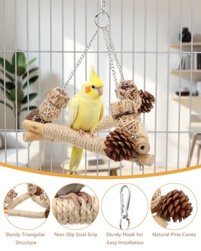 Hypeety Bird Swing for Cage Sisal-Wrapped Wooden Perch with Chew Toys | Natural wood, stable triangle design, easy to hang, with round swing, balance training toy, for lovebird/conure/quaker, 2pcs
