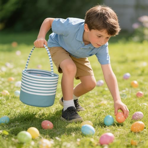 Easter Basket for Kid Boy Girl,Easter Egg Hunt Buckets,Personalized Canvas Tote Bags Easter Party Gifts for Easter Halloween - color: AB-Blue