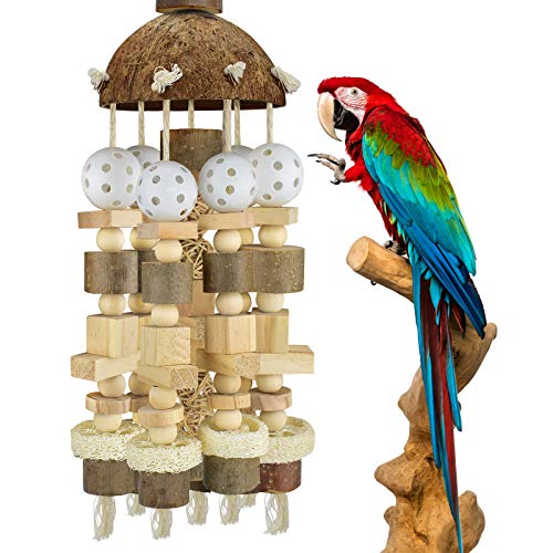 KATUMO Bird Toy, Large Parrot Natural Wooden Blocks Chewing Toy Suits for African Grey Cockatoos Amazon Parrots Large Medium Birds - style: Plastic ball