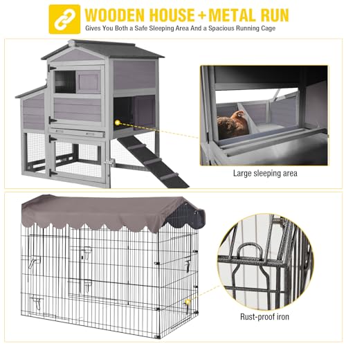 Aivituvin Chicken Coop with Wheels Mobile Hen House Poultry Cage for 2-4 Chickens with Metal Run and Nesting Box 79" L - color: Grey, size: 81.9"L x 28.9"W x 43.6"H