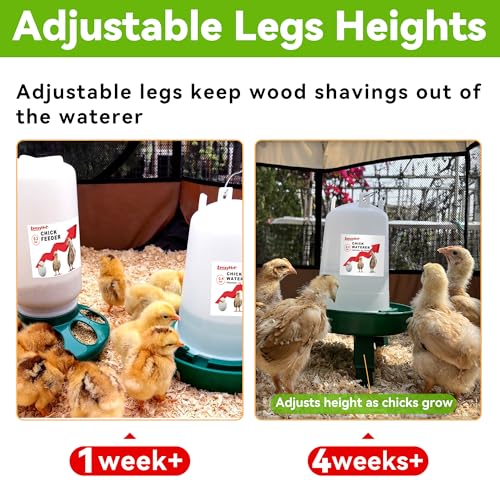 2-in-1 Chick Starter Set: 0.3 Gal Feeder & 0.4 Gal Waterer Green | Chick Feeder and Waterer with Adjustable legs, Anti-drowning, Anti-tip and Hanging Hooks Design for Baby Chicks - color: Green