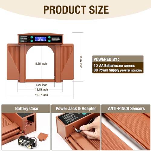 Automatic Chicken Door Easy Program 3 Modes - Manual, Timer and Light Sensor Anti-Pinch Auto Opening and Closing Chicken Coop Door Powered by Battery/DC(Brown)