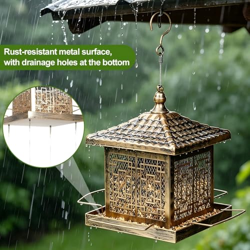 Metal Bird Feeder for Outdoors, 8.6LB Large Capacity Wild Bird Feeders Hanging for Outside, Rustproof Weatherproof with 4 Perches, Attract Cardinals Bluebirds Finches Chickadees Garden Decor