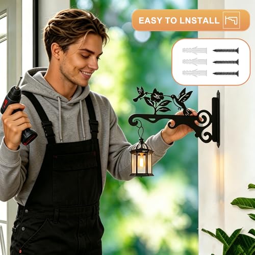 Elegant Bird Pattern Wall Hooks - 10/12/14 Inch Metal Plant Hangers for Indoor & Outdoor - Rust-Resistant Bracket for Plants, Feeders, Chimes, Lanterns (2, Black, 12 inch) - color: Black, size: 12 Inch