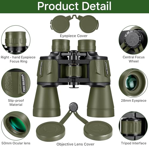 FREE SOLDIER 20x50 High Powered Binoculars for Adults, Green | With Bak4 Prism Fmc Lens, Lightweight, Portable, Waterproof, Fog-Proof, For Bird Watching, Hunting, Hiking, Concerts, Travel - color: Green