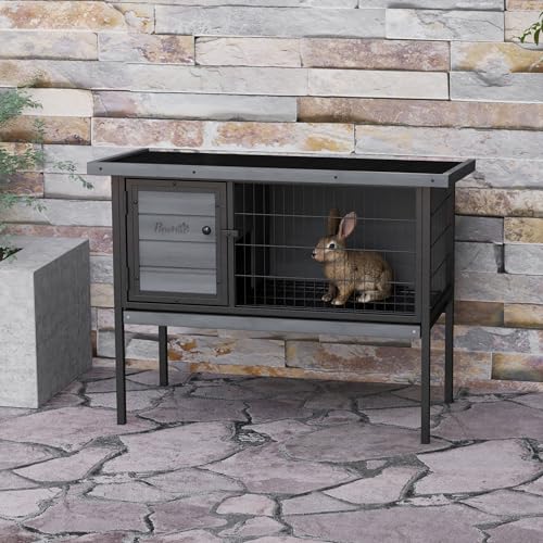PawHut Rabbit Hutch Elevated Bunny Cage Small Animal Habitat with Metal Frame, No Leak Tray, Metal Wire Pan and Openable Water-Resistant Asphalt Roof for Indoor/Outdoor Gray | Small Animal Habitat, No Leak Tray, Metal Wire Pan, Openable Water-Resistant As
