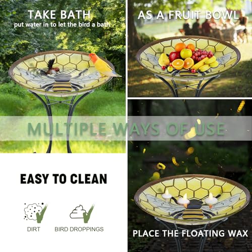 Glass Bird Bath with Metal Stand, Outdoor Feeder Garden Decor, Bee | Glass Large Bird Baths Bowl with Metal Stand for Outdoors, Bee Patterns Bird Feeder for Outside Garden, Patio Decor - color: bee
