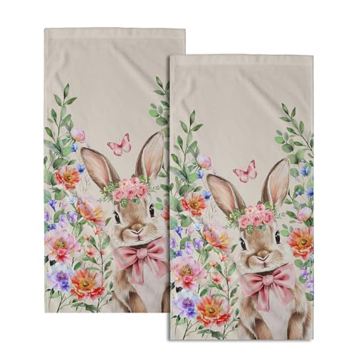 Giwawa Flower Bunny Easter Kitchen Towels Spring Floral Rabbit Eucalyptus Leaves Dish Towel 14x28 Inch Seasonal Farmhouse Holiday Decoration Hand Towels Set of 2 - color: Bunny Beige