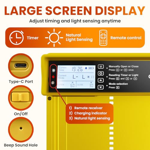Okkobi Automatic Chicken Coop Door Solar Powered - LCD Display - Chicken Coop Door with Remote Control, Light Sensor & Timer - Security & Peace of Mind: Anti-Pinch Function - 5-Year Protection - color: Yellow