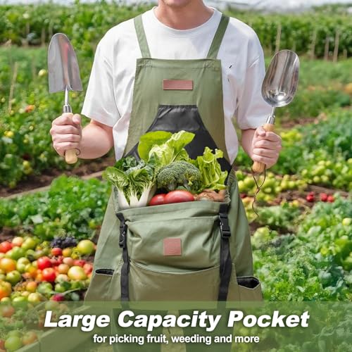 Berry&Bird Harvest Apron, Canvas Gardening Apron with Pockets and Harvesting Pouch Waterproof Harvesting Apron - color: Green