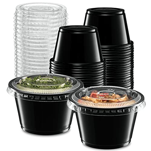 (4 oz - 100 Sets) Black Diposable Plastic Portion Cups With Lids, Small Mini Containers For Portion Controll, Jello Shots, Meal Prep, Sauce Cups, Condiments, Medicine, Dressings, - color: Black, size: 4 Ounce