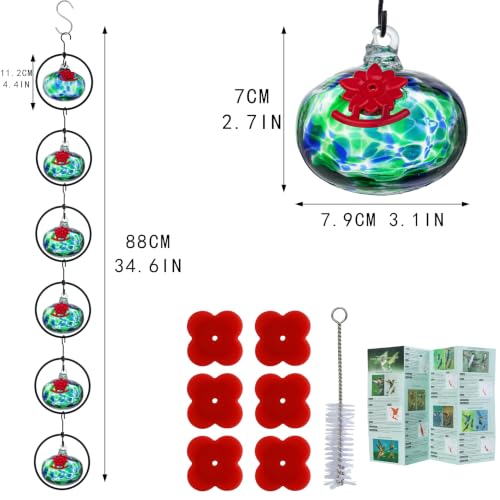 QFkris Set of 6 Blown Glass Hummingbird Feeder for Outdoors Hanging, Small Hummingbird Feeder with Flower Feeding Ports for Outside Garden Backyard Decor, Gardening Gifts for Women Mom(Green) | Blown Glass Hummingbird Feeder for Outside Garden Backyard De