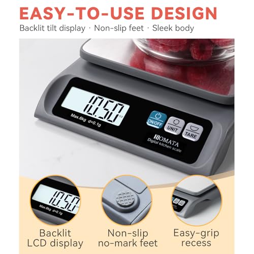 BOMATA 0.1g High Precision Digital Kitchen Food Scale, 13lb Gram Scale | Removable Pan, Stainless Steel Pan, Backlit LCD Display, Digital Scale for Cooking, Baking B621 Grey - color: Grey Non-rechargeable