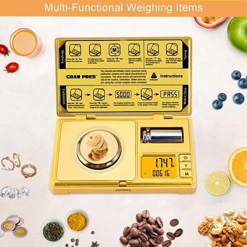 GRAM PRES High Precision Milligram Scale,Digital Mini Pocket Gram Scale | 50g/0.001g Mg Scale For Weighing Powders,Jewelry, Medicine, Gem, Reloading,Gold Scale With Cal Weight, Tweezer And Tray - color: GOLD