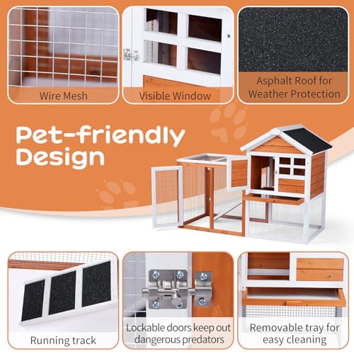Outvita Rabbit Hutch, Small Wood Chicken Coop, 48" w/Pull-Out Tray | Guinea Pig Cage , Waterproof Asphalt Roof, Chicken Run, Interactive Door for Small Animal Pen Outdoor